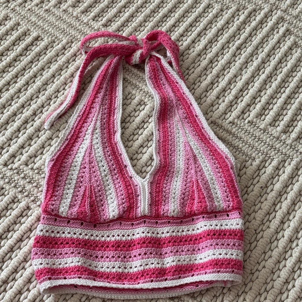 Hollister Pink and White Crochet Halter Crop Top